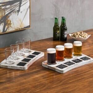 Whitewash Wood Beer Flight Tray with 4 Glasses for the Craft Beer Lover NEW!!